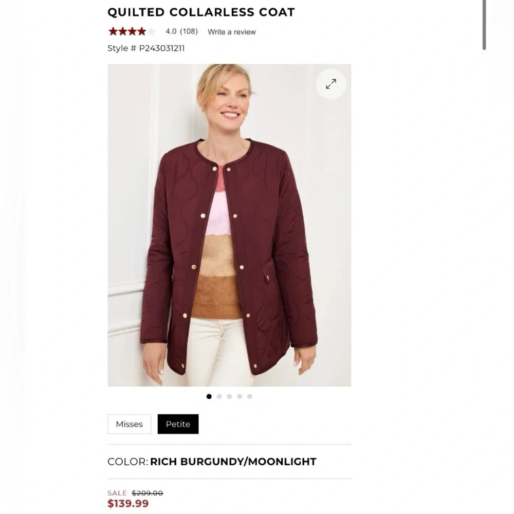 Talbots New Burgundy Quilted Barn Coat Small